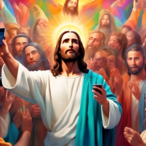 A hyperrealistic AI-generated image of Jesus with impossibly perfect features, surrounded by people worshipping his beauty, holding up smartphones to take pictures.