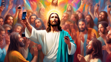 A hyperrealistic AI-generated image of Jesus with impossibly perfect features, surrounded by people worshipping his beauty, holding up smartphones to take pictures.