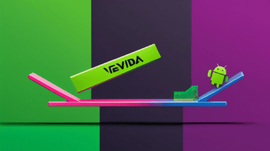 A computer chip balancing on a seesaw against the Nvidia logo, with a question mark hovering above.