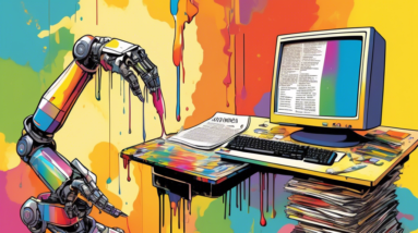 A robotic arm copying and pasting text from a computer screen onto another screen, with a paintbrush dripping rainbow paint onto a stack of old, yellowed computer magazines titled TUAW in the backgrou