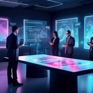 Create a dynamic and vibrant image depicting a futuristic office setting where business professionals are interacting with a sleek, holographic graphics generator labeled 'Napkin.ai'. The device is tr