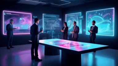 Create a dynamic and vibrant image depicting a futuristic office setting where business professionals are interacting with a sleek, holographic graphics generator labeled 'Napkin.ai'. The device is tr