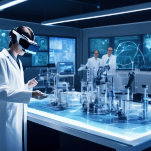 Create an image that depicts a futuristic laboratory where advanced AI systems are being developed using augmented reality and simulation technology. In the scene, showcase engineers and scientists co