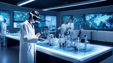 Create an image that depicts a futuristic laboratory where advanced AI systems are being developed using augmented reality and simulation technology. In the scene, showcase engineers and scientists co