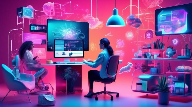 Create an imaginative and futuristic image showcasing a digital workspace where various creative professionals, such as graphic designers and marketers, are collaborating using advanced AI tools. The