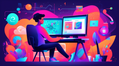 Create an imaginative and vibrant digital illustration of a person sitting at their computer, using Canva's interface to generate AI images. The screen displays a variety of creative image options, wh