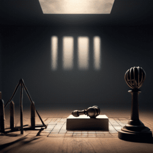 Create a somber and thought-provoking image that represents the concept of justice being served, without depicting any explicit or sensitive content. The scene should symbolize a prison cell with dim