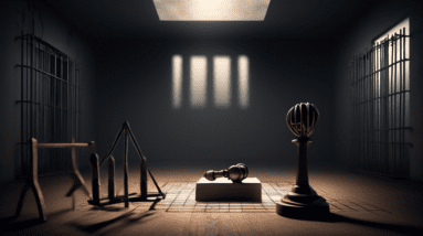 Create a somber and thought-provoking image that represents the concept of justice being served, without depicting any explicit or sensitive content. The scene should symbolize a prison cell with dim