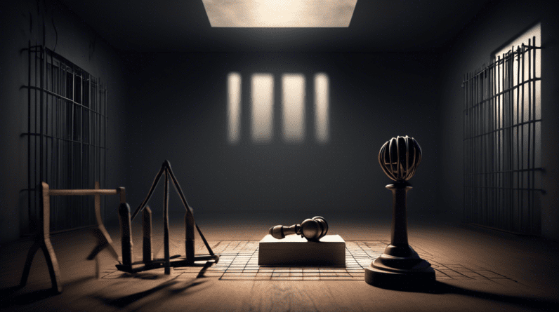 Create a somber and thought-provoking image that represents the concept of justice being served, without depicting any explicit or sensitive content. The scene should symbolize a prison cell with dim