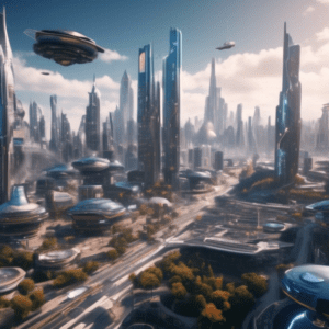 Create an image of a futuristic virtual cityscape within a metaverse, showcasing hyper-realistic graphics rendered through Unreal Engine 5. The scene is lively and interactive, filled with diverse ava