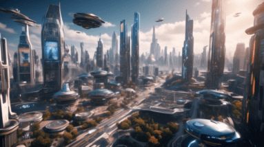 Create an image of a futuristic virtual cityscape within a metaverse, showcasing hyper-realistic graphics rendered through Unreal Engine 5. The scene is lively and interactive, filled with diverse ava