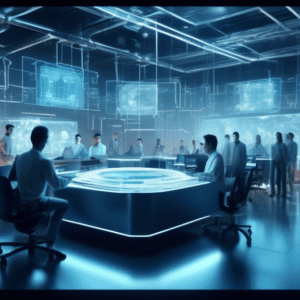 Create an image depicting a futuristic office setting where a group of focused engineers and developers are gathered around a holographic projection of an AI chip design. The atmosphere is intense and