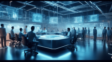 Create an image depicting a futuristic office setting where a group of focused engineers and developers are gathered around a holographic projection of an AI chip design. The atmosphere is intense and