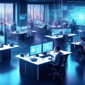 Create a digital illustration depicting a futuristic AMD office setting with engineers and developers focusing intensely on designing AI chips. One part of the image shows a group of employees working