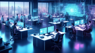 Create a digital illustration depicting a futuristic AMD office setting with engineers and developers focusing intensely on designing AI chips. One part of the image shows a group of employees working