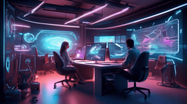 Create an imaginative and futuristic digital art scene featuring a sleek, modern workspace. In the center, a sophisticated AI-powered graphics tool called Anticipatory is displayed on a high-tech scre