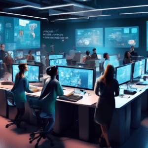 Create an image depicting a futuristic and vibrant university computer lab bustling with diverse researchers and students. In the center of the room, a cutting-edge computing cluster is adorned with d