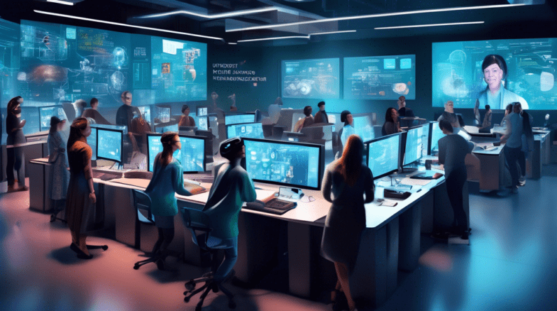 Create an image depicting a futuristic and vibrant university computer lab bustling with diverse researchers and students. In the center of the room, a cutting-edge computing cluster is adorned with d