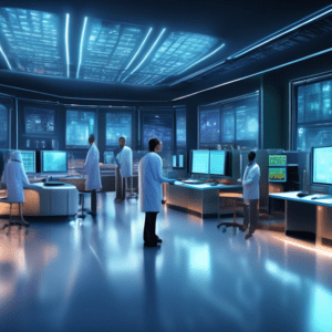 Create an image depicting a futuristic and vibrant research facility filled with a diverse team of scientists and engineers working together around an advanced computing cluster. The scene should incl