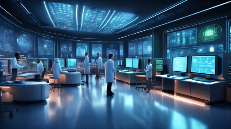 Create an image depicting a futuristic and vibrant research facility filled with a diverse team of scientists and engineers working together around an advanced computing cluster. The scene should incl