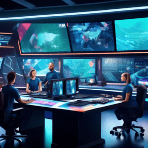 Create an image depicting a futuristic broadcast studio where a team of technicians and creatives are using a high-tech control desk with multiple screens displaying vibrant, dynamic graphics. The gra