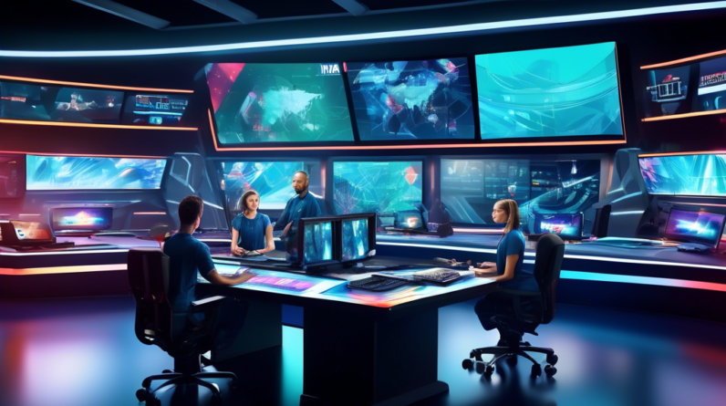 Create an image depicting a futuristic broadcast studio where a team of technicians and creatives are using a high-tech control desk with multiple screens displaying vibrant, dynamic graphics. The gra