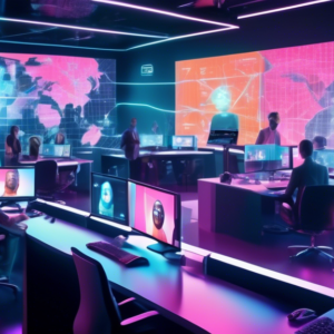 A futuristic image of a bustling newsroom where AI avatars collaborate with human journalists. In the background, a sleek monitor showcases a vibrant graphics interface, powered by Pixotope's AI-drive