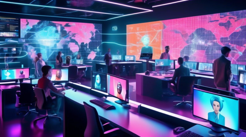 A futuristic image of a bustling newsroom where AI avatars collaborate with human journalists. In the background, a sleek monitor showcases a vibrant graphics interface, powered by Pixotope's AI-drive