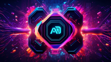 Create a futuristic scene depicting a sleek AMD graphics card labeled UDNA suspended in mid-air, surrounded by swirling digital patterns and AI neural network visuals. The background features a blend