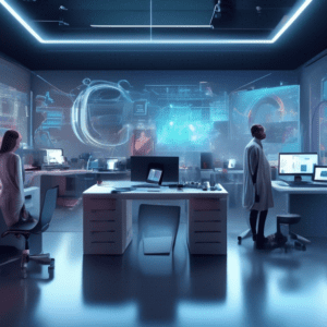 Create a futuristic scene depicting a modern graphic design studio in 2025, showcasing the top 20 AI tools for graphic design. Include holographic displays, advanced computers, and a diverse group of