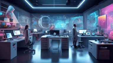 Create a futuristic scene depicting a modern graphic design studio in 2025, showcasing the top 20 AI tools for graphic design. Include holographic displays, advanced computers, and a diverse group of