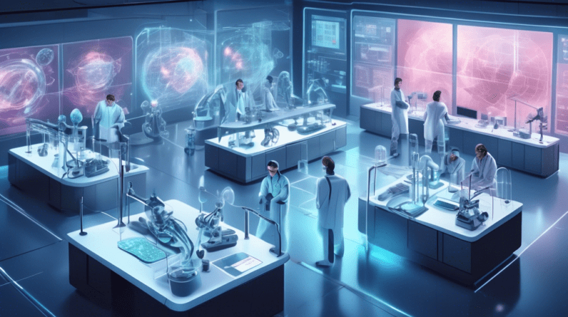 Create an image depicting a futuristic research lab where scientists and researchers are collaborating with AI-powered machines. The scene should show sophisticated technology like holographic display