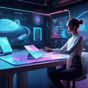 Create an image of a futuristic digital workspace where a designer is using advanced AI tools on a touchscreen interface to swiftly create stunning graphic designs. The workspace should feature sleek