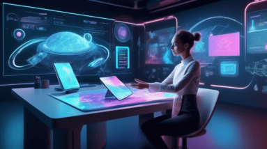 Create an image of a futuristic digital workspace where a designer is using advanced AI tools on a touchscreen interface to swiftly create stunning graphic designs. The workspace should feature sleek