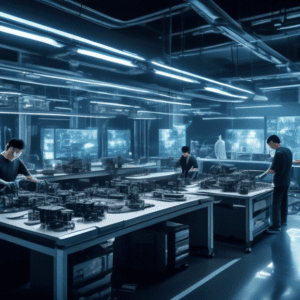 Create an image depicting a futuristic workshop in China, where skilled technicians and engineers are meticulously dismantling Nvidia graphics cards. The scene is filled with high-tech tools and machi