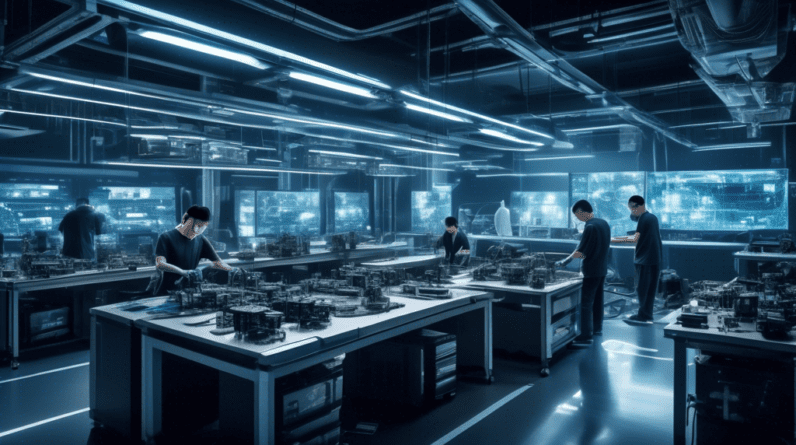 Create an image depicting a futuristic workshop in China, where skilled technicians and engineers are meticulously dismantling Nvidia graphics cards. The scene is filled with high-tech tools and machi