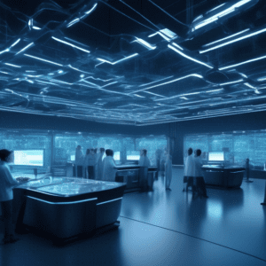 Create a futuristic scene of a state-of-the-art AI research facility, showcasing a cluster of high-tech computers and servers powered by glowing connections. Highlight the bustling activity of scienti