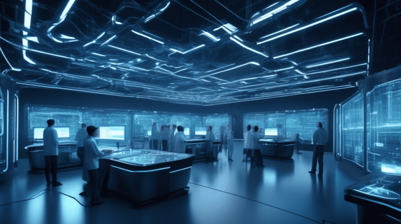 Create a futuristic scene of a state-of-the-art AI research facility, showcasing a cluster of high-tech computers and servers powered by glowing connections. Highlight the bustling activity of scienti