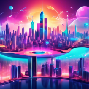 Create an imaginative and futuristic digital artwork showcasing Canva's logo integrated into an AI-driven world. Visualize a vibrant and futuristic cityscape with holographic displays, AI-powered tool