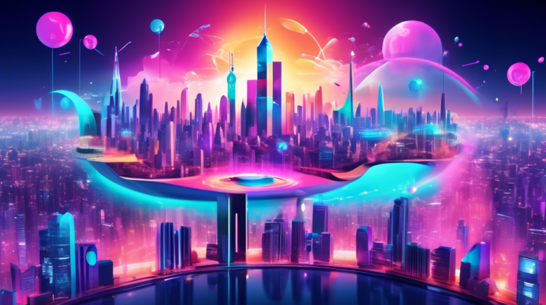 Create an imaginative and futuristic digital artwork showcasing Canva's logo integrated into an AI-driven world. Visualize a vibrant and futuristic cityscape with holographic displays, AI-powered tool